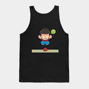 FUNNY CARTOON OF A MAN WHO FEARS INSECTS. MONSTER LADYBUG. Tank Top